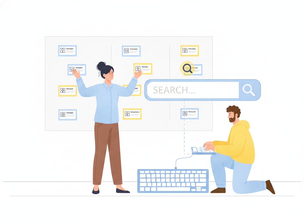 A person sorting labeled topic cards into tidy categories on a board while a colleague searches a large search bar that surfaces a matching result