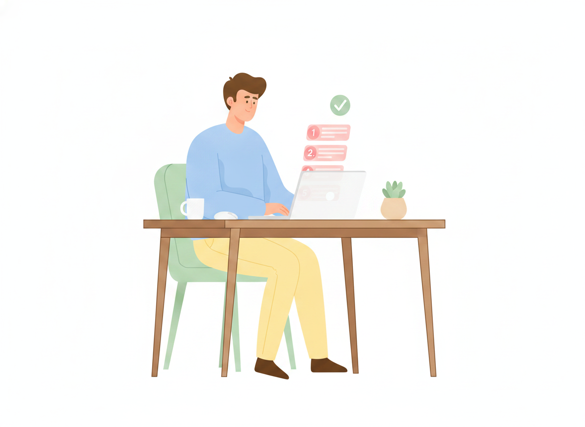 A person at a laptop following a clear step-by-step guide with numbered cards and a checkmark, calm and unblocked