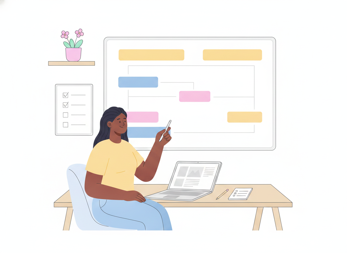 A writer at a desk arranging stacked content blocks and clear heading labels into a structured outline, with a checklist beside the keyboard