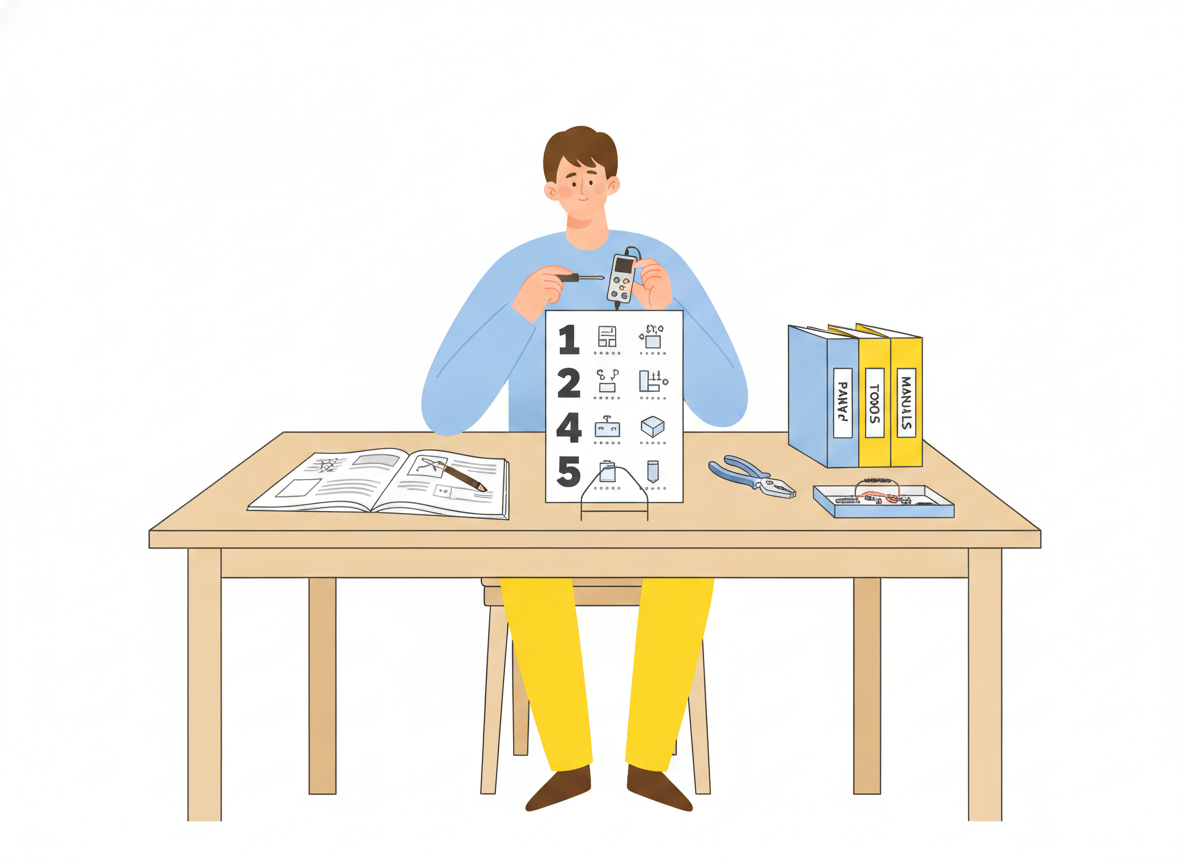 A person following clear numbered steps on a card to set up a device at a kitchen table