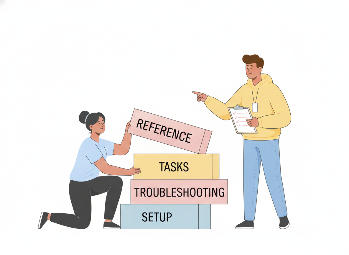 Flat illustration of a person assembling a stack of labeled manual sections — setup, tasks, troubleshooting, reference — like building blocks