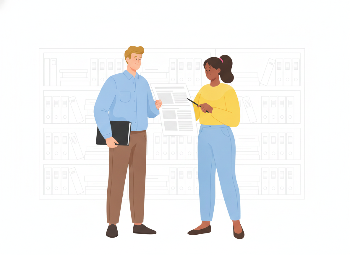 A flat illustration of a documentation page broken into labeled sections — trigger, steps, verification, escalation — with two colleagues reviewing it together