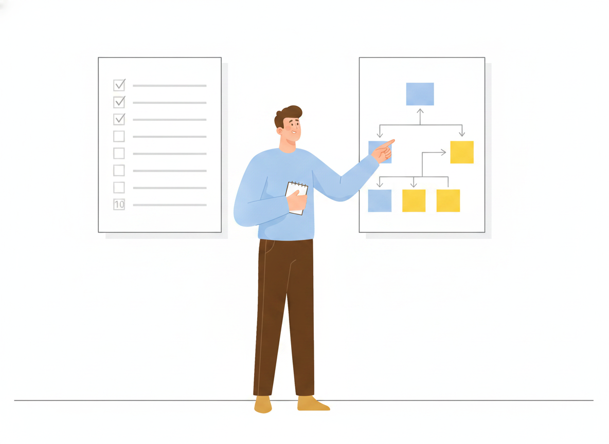 A simple flat checklist beside a branching flowchart, showing two ways to format the same procedure