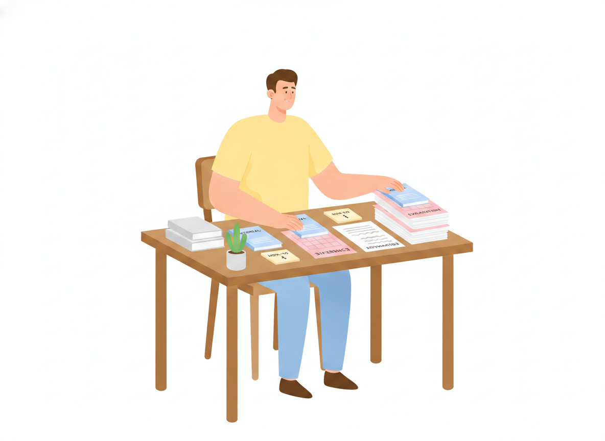 Four labeled documents on a desk representing a tutorial, a how-to guide, a reference table, and an explanation, with a person sorting them into groups