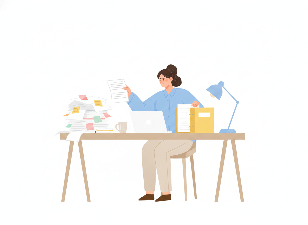 Flat-vector illustration of a person at a laptop merging several scattered paper documents into one neatly organized binder on a desk