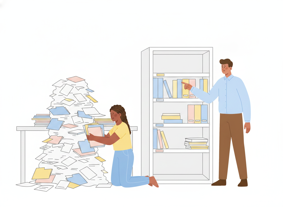 A simple diagram-style scene of many scattered documents flowing into one organized central library with clear shelves and labels