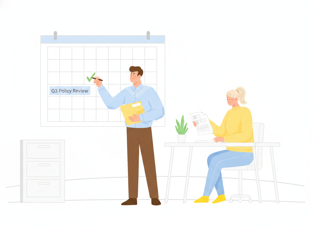 A recurring review cycle diagram with a person checking off a policy on a calendar