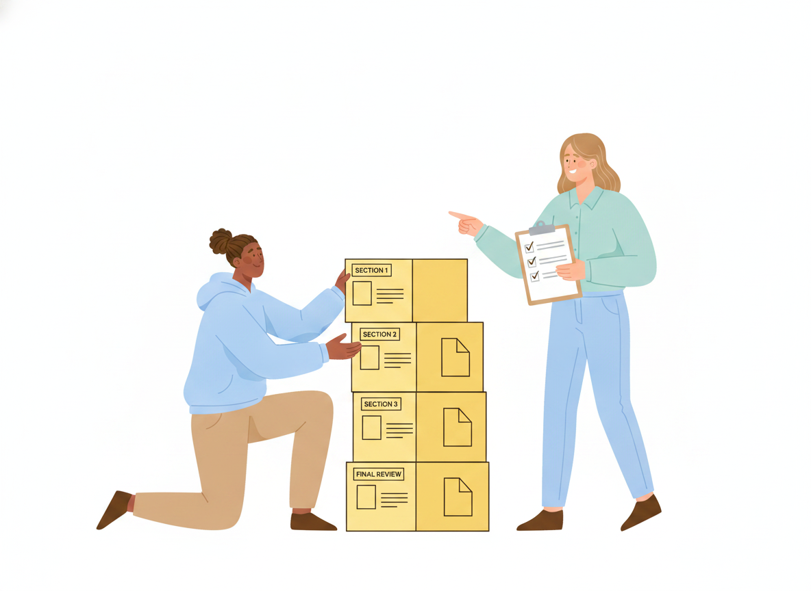A clean flat illustration of a person assembling labeled building blocks that stack into a checklist, each block a section of a document